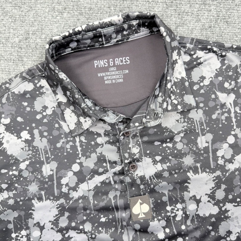 Pins and Aces Mens Golf Polo Shirt Large Black White Splatter Print Short Sleeve